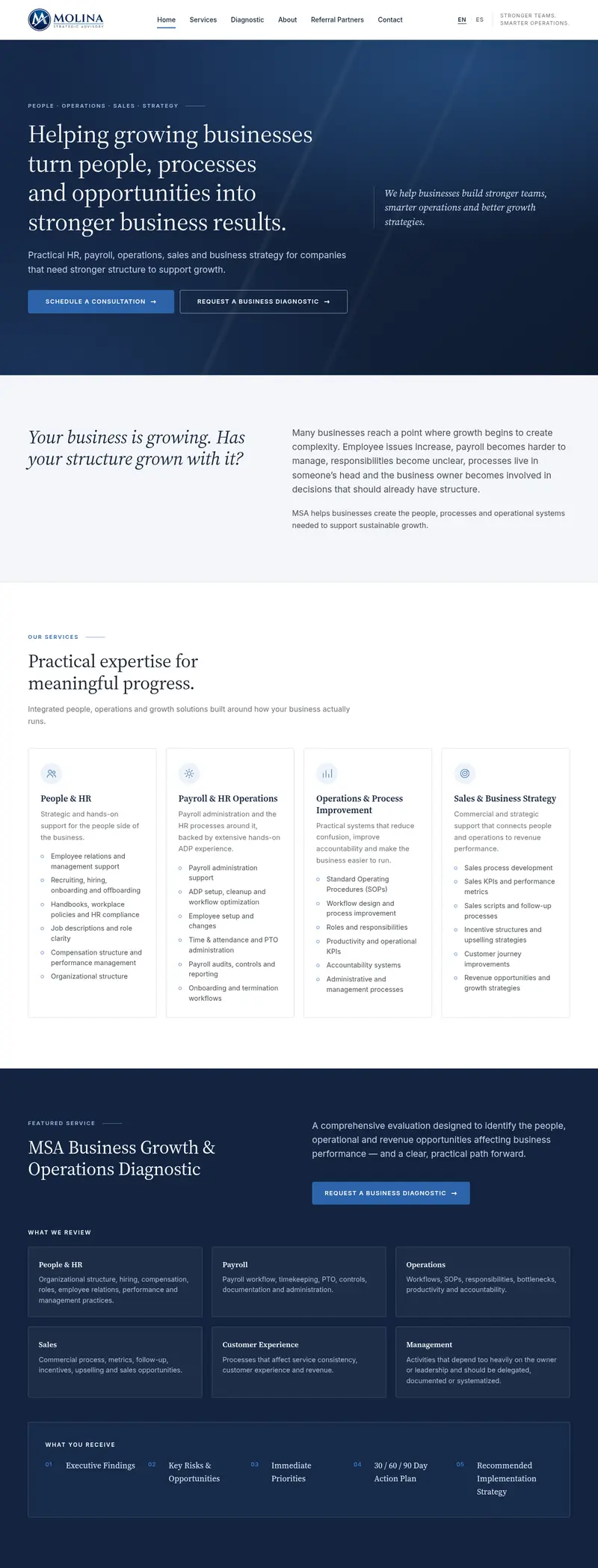 Captura de la página web de Molina Strategic Advisory en computadora (Firma de consultoría · página de compañía)